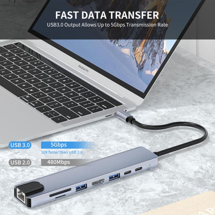 Lisslune | JUNSUNMAY 8 in 1 Type-C to 4K HDMI / Ethernet Docking Station Adapter PD Fast Charging Hub SD/TF Card Reader