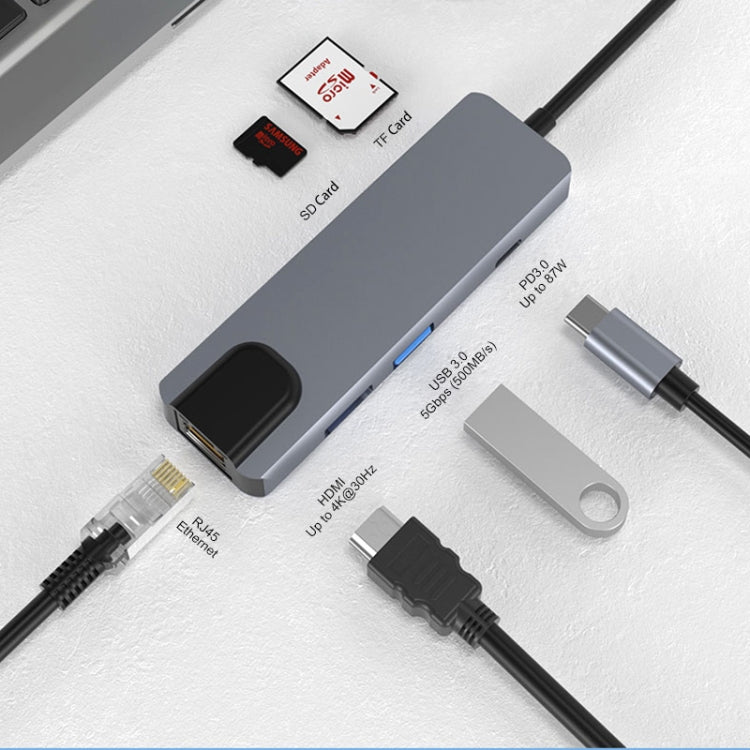 Lisslune | JUNSUNMAY 6 in 1 Type-C to 4K HDMI / Ethernet Docking Station Adapter PD Fast Charge Hub SD/TF Card Reader