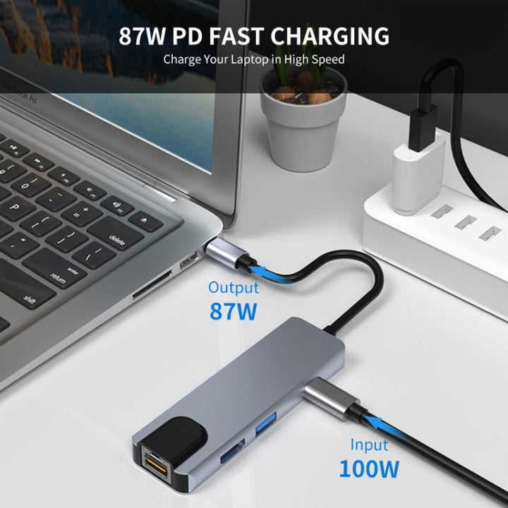 Lisslune | JUNSUNMAY 6 in 1 Type-C to 4K HDMI / Ethernet Docking Station Adapter PD Fast Charge Hub SD/TF Card Reader