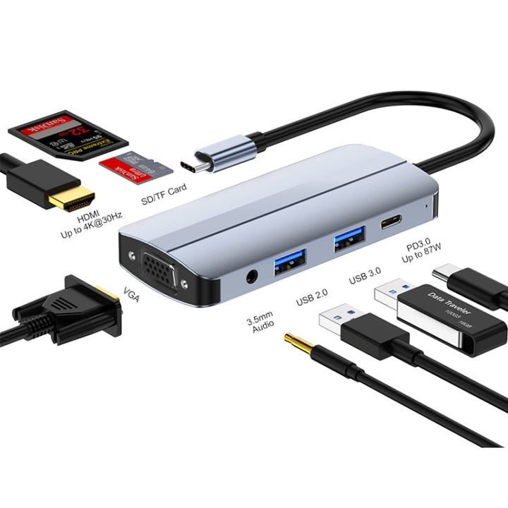 Lisslune | JUNSUNMAY 8 in 1 Type-C to 4K HDMI + VGA Docking Station Adapter PD Fast Charging Hub
