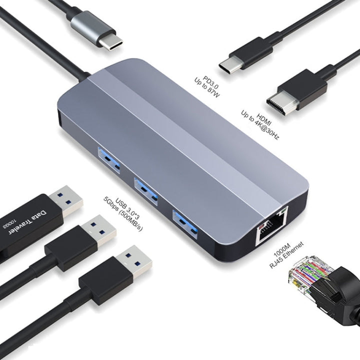 Lisslune | JUNSUNMAY 6 in 1 Type-C to 4K HDMI + 1000M RJ45 Ethernet Hub Docking Station Adapter