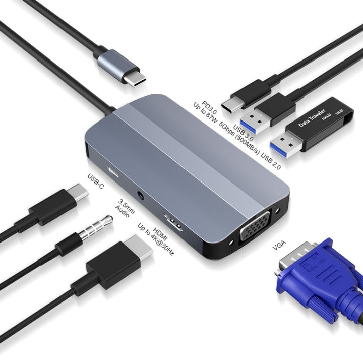 Lisslune | JUNSUNMAY 7 in 1 Type-C to 4K HDMI + VGA + 3.5mm Audio Docking Station Adapter PD Fast Charging Hub