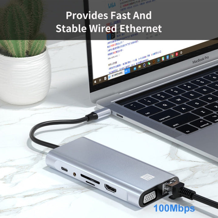 Lisslune | JUNSUNMAY 11 in 1 Type-C to 4K HDMI + VGA + RJ45 Docking Station Adapter PD Fast Charging Hub
