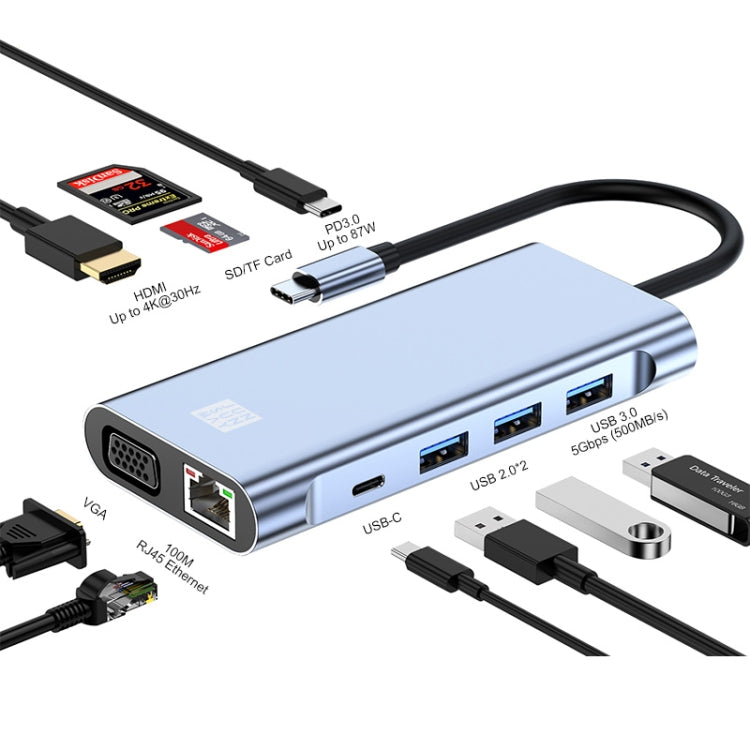 Lisslune | JUNSUNMAY 10 in 1 Type-C to 4K HDMI + VGA + RJ45 + 3.5mm Audio Docking Station Adapter PD Fast Charging Hub SD/TF Card Reader