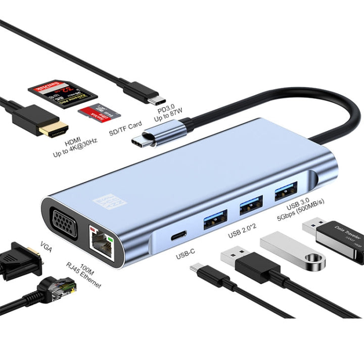 Lisslune | JUNSUNMAY 10 in 1 Type-C to 4K HDMI + VGA + RJ45 + 3.5mm Audio Docking Station Adapter PD Fast Charging Hub SD/TF Card Reader