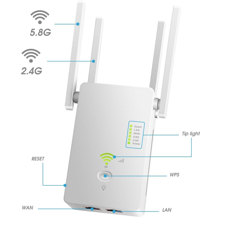Lisslune | U6 5Ghz Wireless WiFi Repeater 1200Mbps Router Wifi Booster 2.4G Long Range Extender (US Plug)