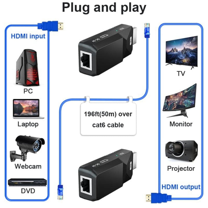 Lisslune | HDMI Extender 50m Audio Video 1080P over Cat5 Cat6 Ethernet Cable Transmission lossless signal HDMI long-distance extension adapter