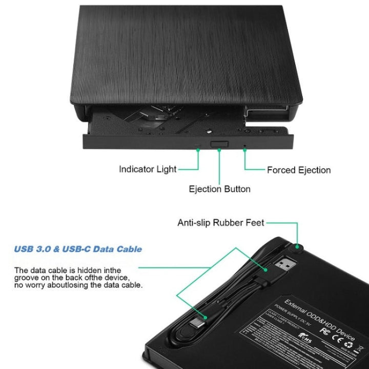 Lisslune | BT638 Notebook Desktop External USB 3.0 Portable CD-Player CD-RW Optical Drive Burner