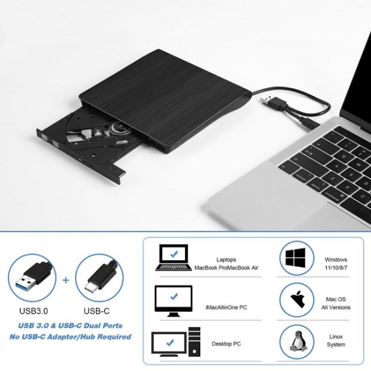 Lisslune | BT638 Notebook Desktop External USB 3.0 Portable CD-Player CD-RW Optical Drive Burner