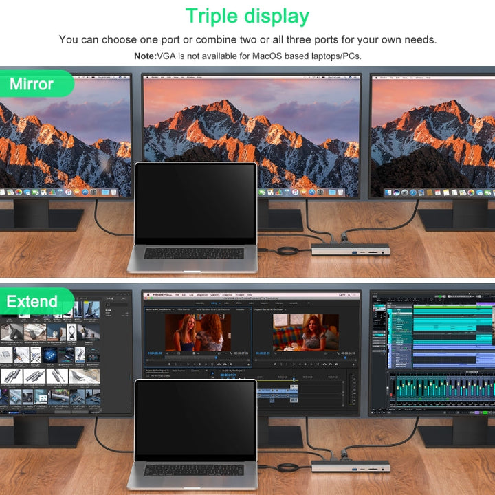 Lisslune | Wavlink UMD03 Triple Display Adapter Type-C Hub 12 in 1 Docking Station