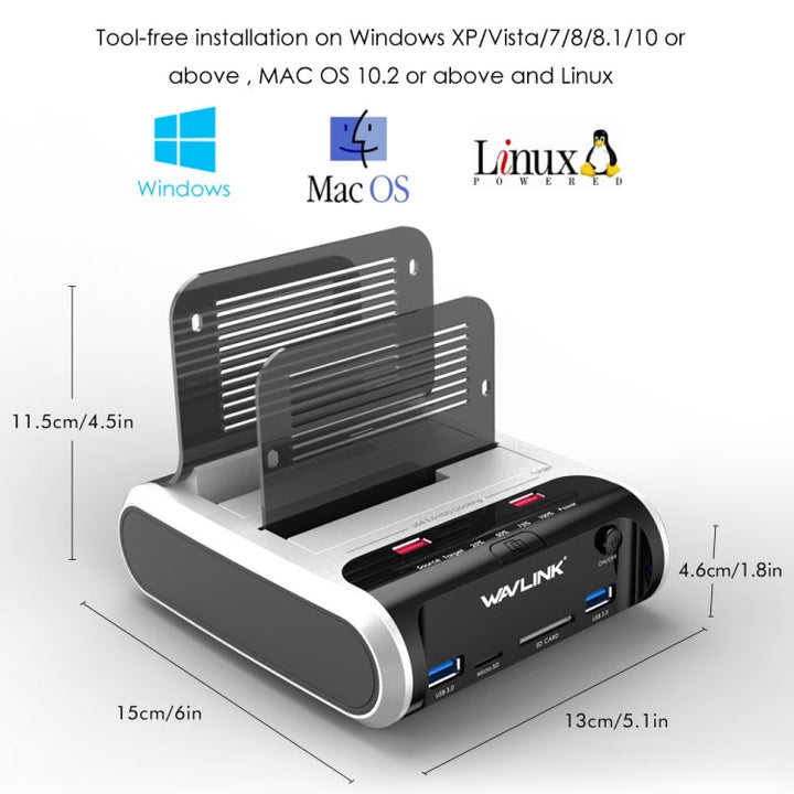Lisslune | Wavlink ST336A SSD HDD Fast Offline Copy SATA USB 3.0 External Hard Drive Enclosure (EU Plug)