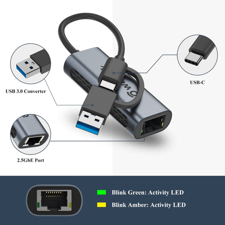 Lisslune | Wavlink NWU330GCA Gigabit Ethernet Adapter Type-C to 2.5 Network Card RJ45 LAN USB3.0 Converter