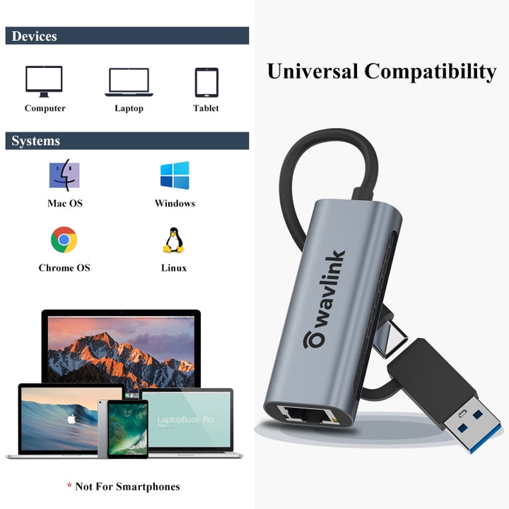 Lisslune | Wavlink NWU330GCA Gigabit Ethernet Adapter Type-C to 2.5 Network Card RJ45 LAN USB3.0 Converter