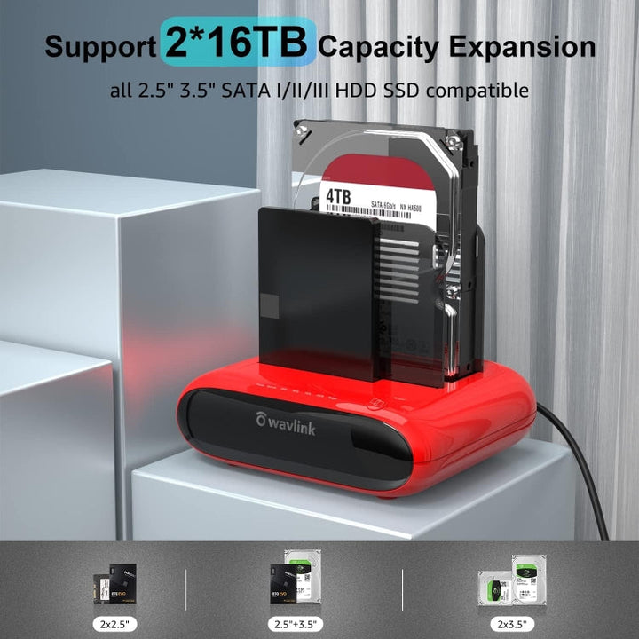 Lisslune | Wavlink ST341U Dual Bay External Hard Drive Docking Station Support Offline Clone Function (EU Plug)
