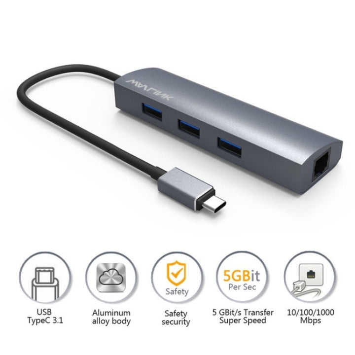 Lisslune | WAVLINK UH3031G/C Gigabit High-Speed Hub Adapter Type-C to 3 x USB 3.0 + USB-C + RJ45 + DC Power Connector