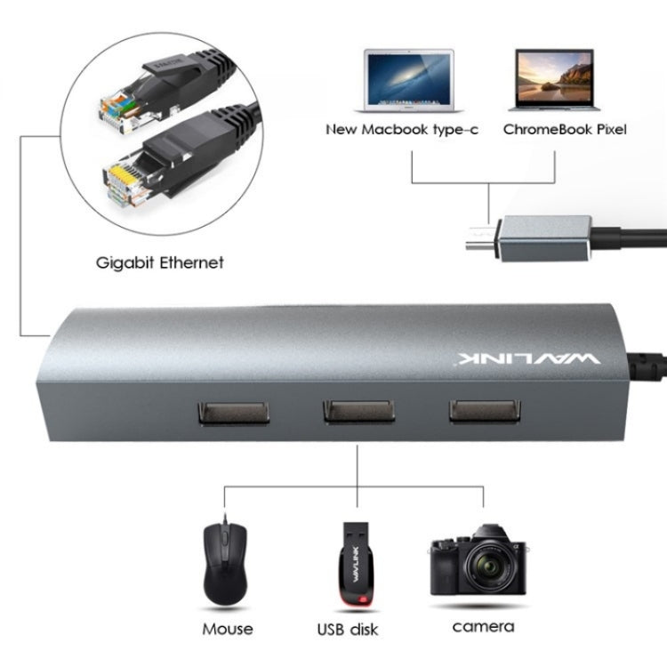 Lisslune | WAVLINK UH3031G/C Gigabit High-Speed Hub Adapter Type-C to 3 x USB 3.0 + USB-C + RJ45 + DC Power Connector