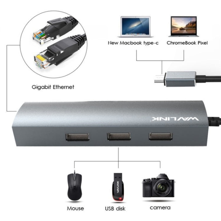 Lisslune | WAVLINK UH3031G/C Gigabit High-Speed Hub Adapter Type-C to 3 x USB 3.0 + USB-C + RJ45 + DC Power Connector