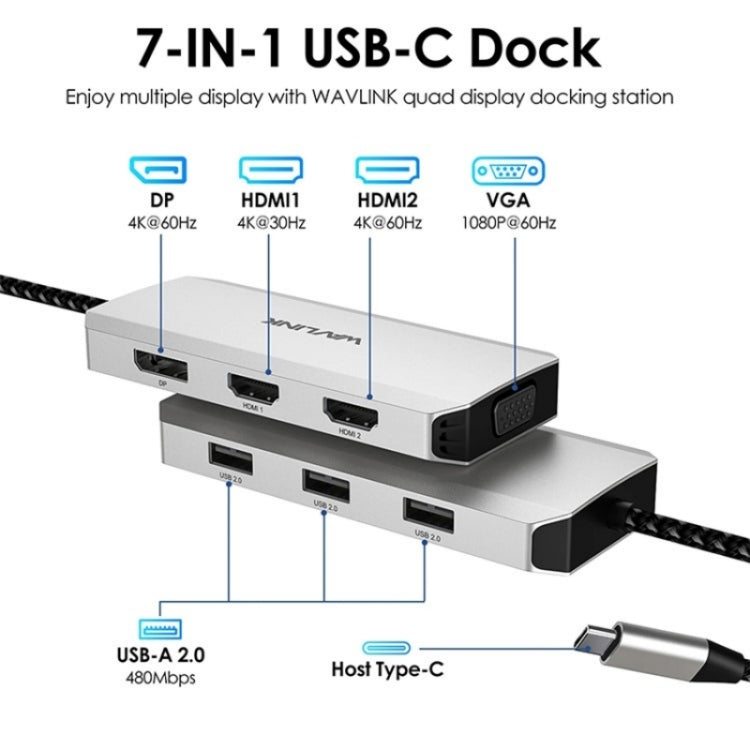Lisslune | WAVLINK UMD304 Converter USB-C to Dual HD 4K 60Hz HUB 7-in-1 Laptop Docking Station