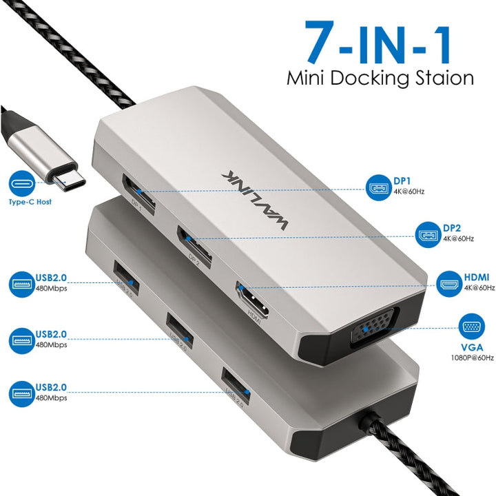 Lisslune | WAVLINK WL-UMD305 7 in 1 4K DP / HDMI Quad Display USB-C Hub Dock Multi-Port Adapter