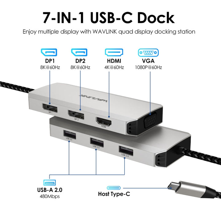 Lisslune | WAVLINK WL-UMD307 Type-C to 2DP + 4K HD + VGA + 3 x USB2.0 HUB Docking Station