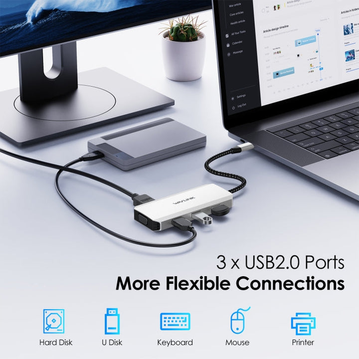 Lisslune | WAVLINK WL-UMD307 Type-C to 2DP + 4K HD + VGA + 3 x USB2.0 HUB Docking Station