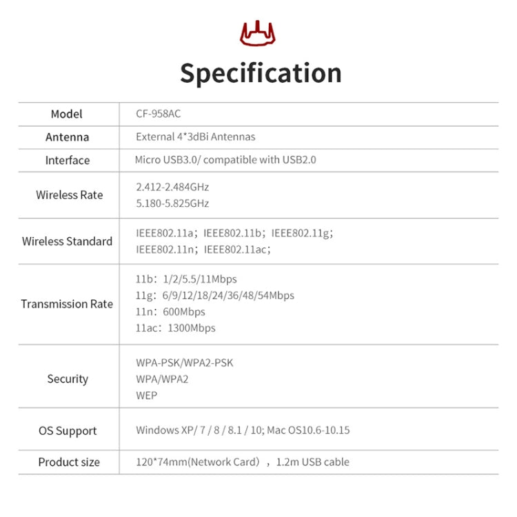 Lisslune | Comfast CF-958AC High Performance PA Wifi Adapter 1900Mbps Gigabit E-Sport Network Card 2.4Ghz+5.8Ghz USB 3.0 PC Lan Dongle Receiver