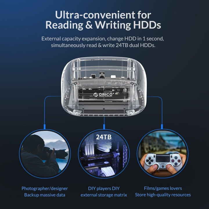Lisslune | ORICO 6239C3 2.5/3.5 Inch 2 Bay Transparent Type-C Hard Drive Dock