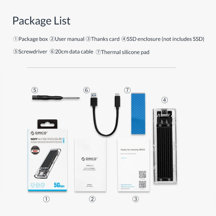 Lisslune | ORICO TCM2F-C3 NGFF M.2 Hard Drive Enclosure, tool-free Type-C connection, transparent hard drive box