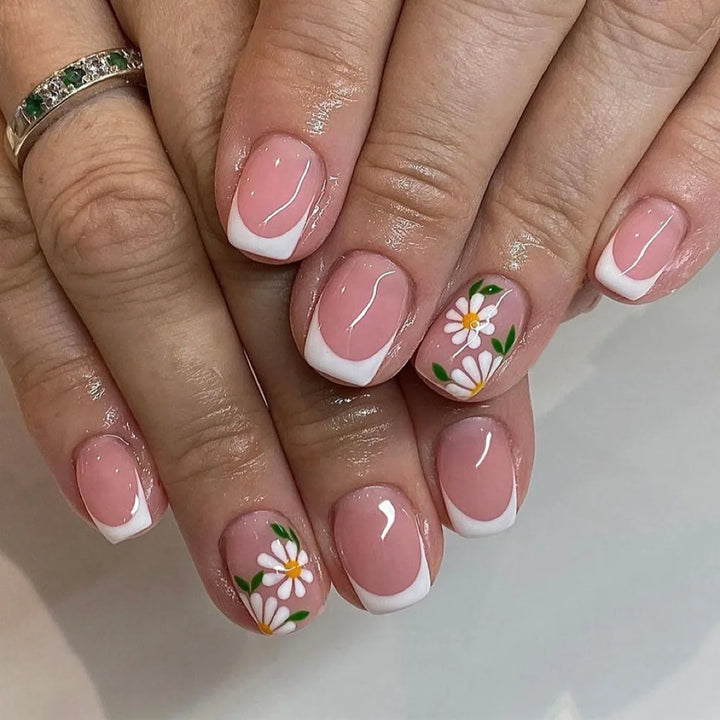 Rynx | 24 Piece Square Press-on Nails Set with Pink Flower Patterns Full Coverage Acrylic Nail Tips Glue for Stylish Women/Girls