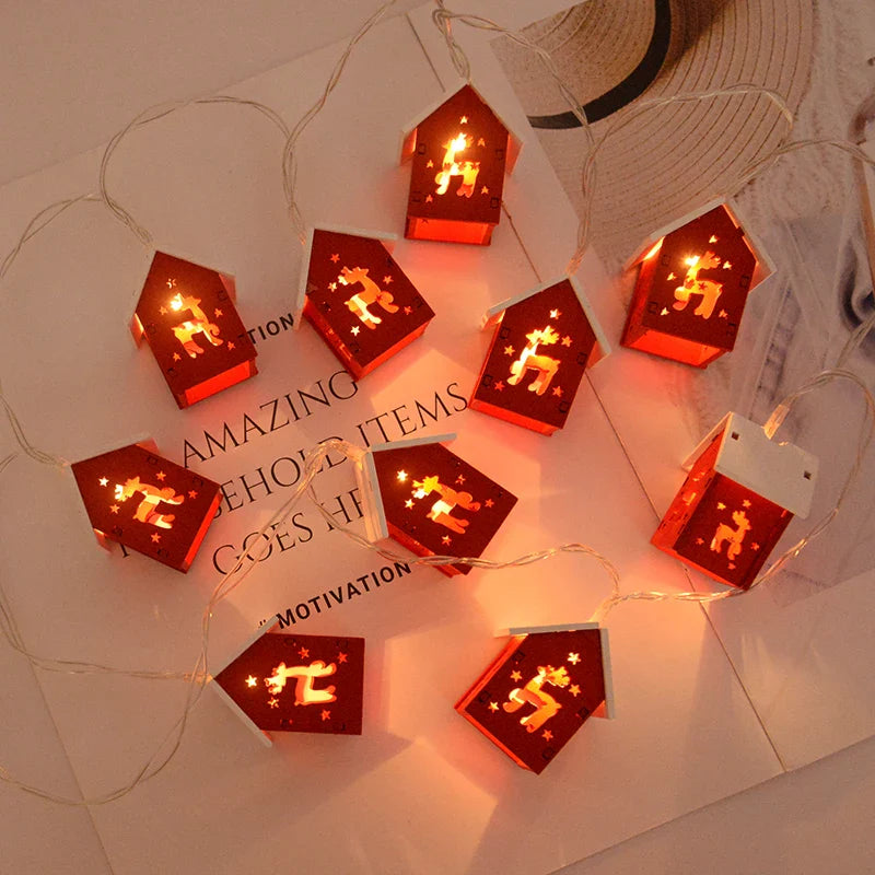 Rynx Christmas Wooden House LED String Lights Xmas Tree Hanging Decoration Christmas Decoration For Home Kids New Year Gift Navidad