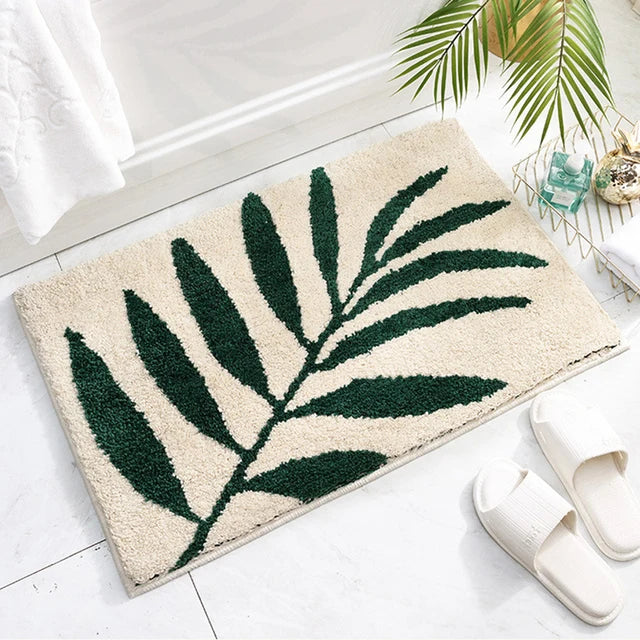 Rynx | Leaf Green Flocked Bath Mat Non-Slip Absorbent Microfiber Bathroom Rug Entrance Mat Super Soft Bath Rug Carpet