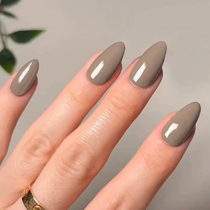Rynx | Classic Glossy Solid Long Pointed Artificial Nails Brown Green Gray Blue Removable Pre-made Artificial Nails Stick-on Nails with Glue