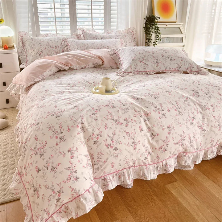 Rynx Princess Style Ruffled 100% Cotton Duvet Cover Set or Single Duvet Covers Floral Soft Duvet Cover Cotton Sweet Duvet Covers