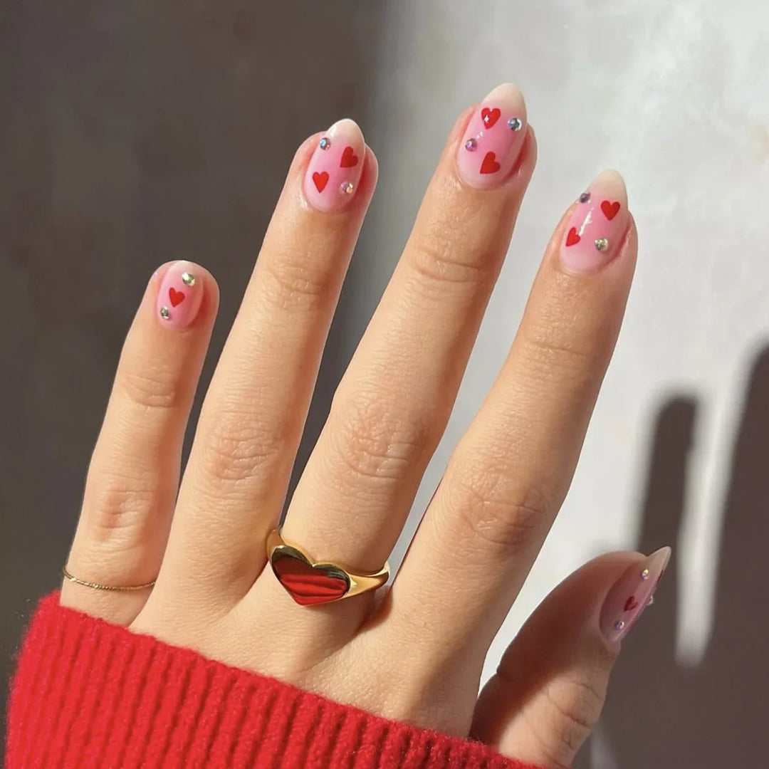 Rynx | Red Love Heart French Sweet Nail Art Nude Pink Artificial Nails Removable Finished Fingernails Valentine's Day Gift Press-on Nails With Glue