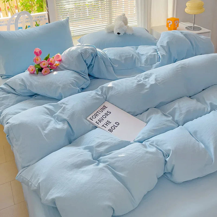 Rynx | Girls Blue Duvet Cover Set Twin Full Queen Size Soft Bed Sheet Pillowcase Bedding Princess Style Solid Color INS Bedding