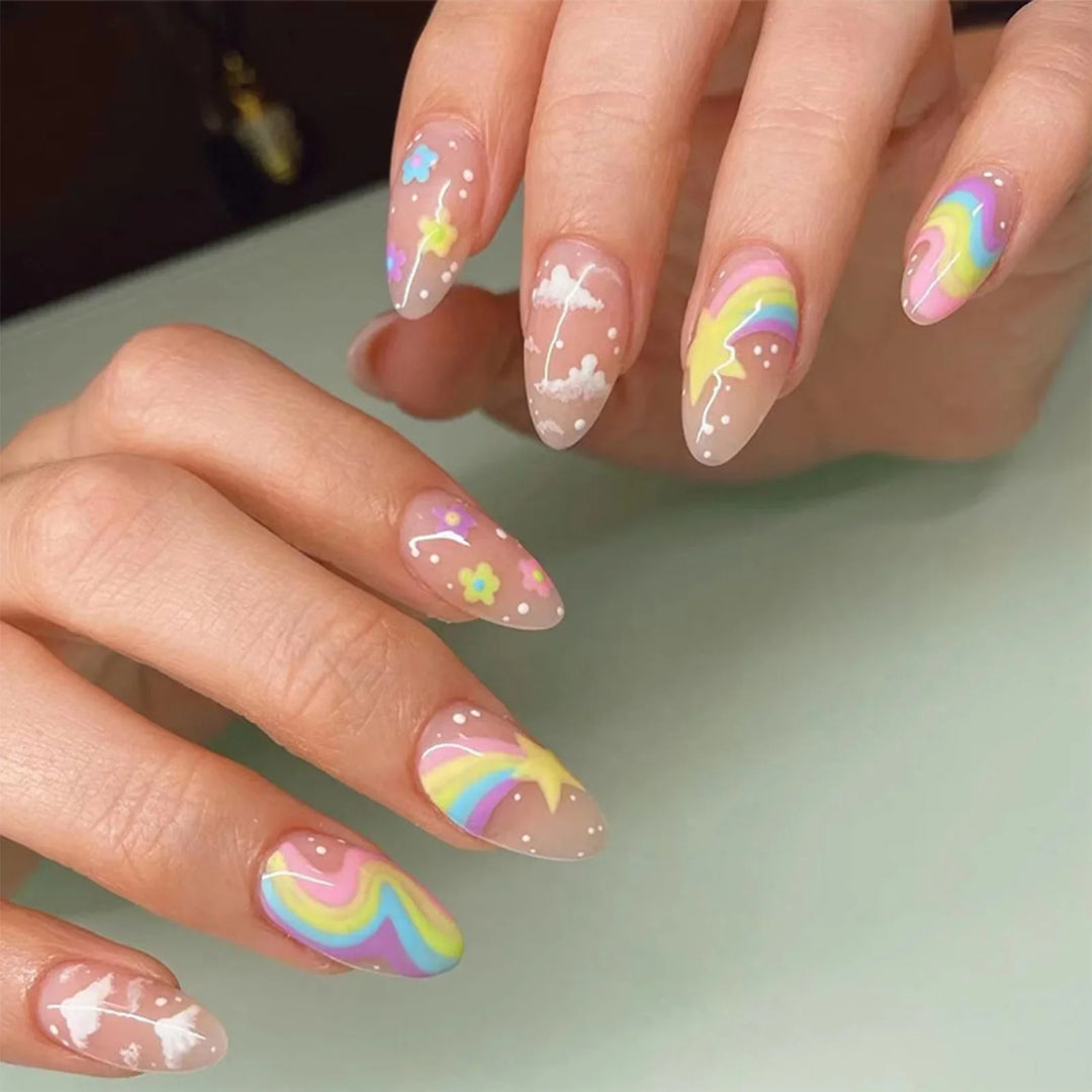 Rynx | 24 pcs. Cute Colorful Artificial Nail Tips for Girls Rainbow Cloud Star Printed Almond Artificial Nails Full Cover Reusable Adhesive Artificial Nails