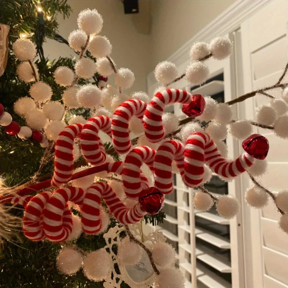 Rynx 4-piece Christmas Tree Candy Cane Picks - Festive Woolen Candy Rolls Decorations for Christmas, New Year & Winter Holidays