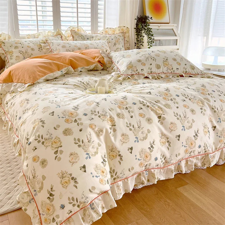 Rynx Princess Style Ruffled 100% Cotton Duvet Cover Set or Single Duvet Covers Floral Soft Duvet Cover Cotton Sweet Duvet Covers
