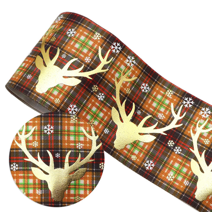 Lisslune | Elegant Golden Holiday Ribbon with Snowflakes and Deer - 75 mm Width for Festive Crafting
