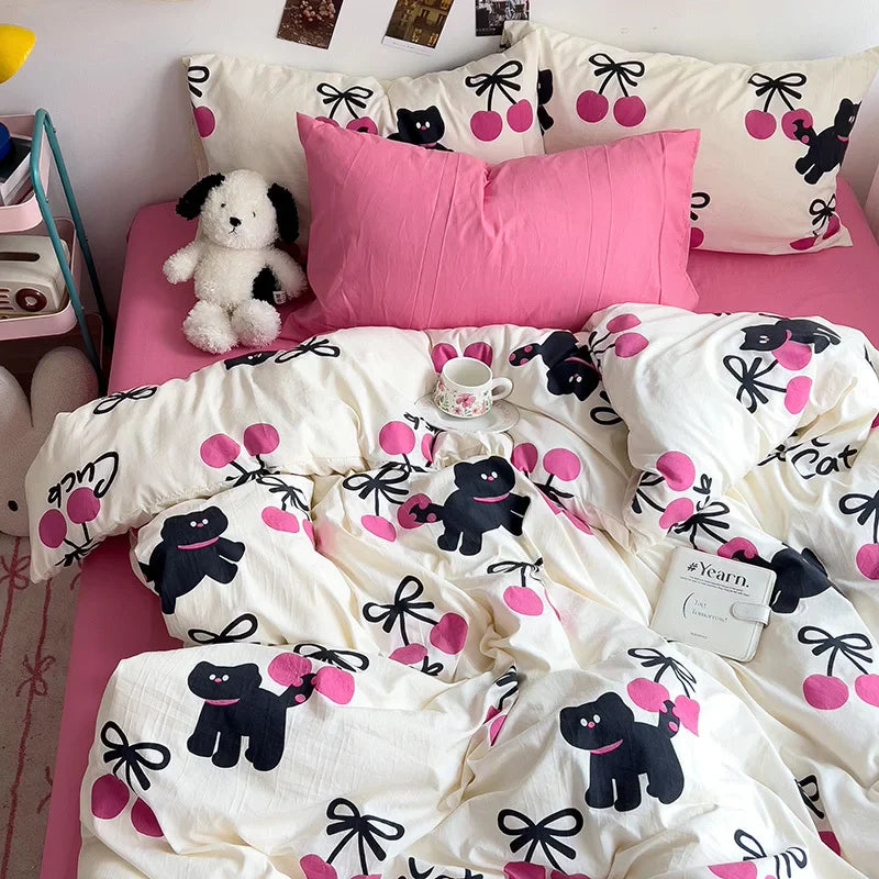Rynx | Bedding Bedding Set A-Class Washed Cotton Four-Piece Bed Sheet Set Comfort Sets Solid Color Pair Duvet Cover Home Textiles