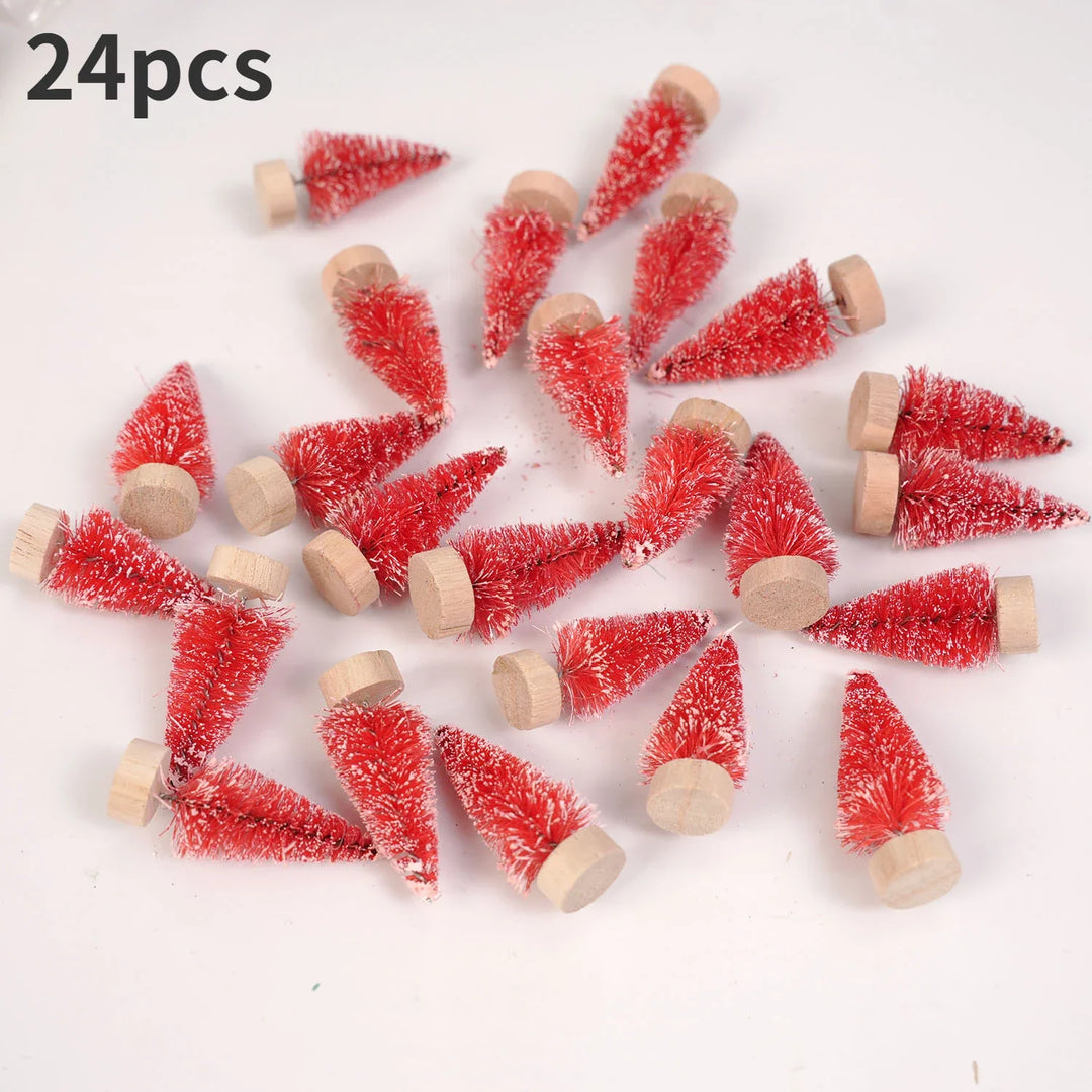 Rynx | 24 pieces, Mini Christmas sisal snow frost tree with wooden bottle brush - Perfect desktop tree for Christmas party and home decor