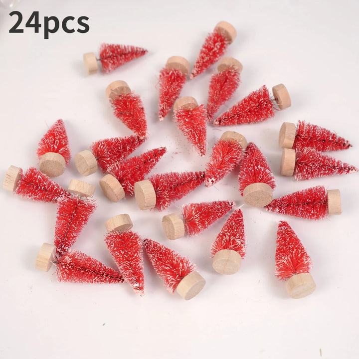 Rynx | 24 pieces, Mini Christmas sisal snow frost tree with wooden bottle brush - Perfect desktop tree for Christmas party and home decor
