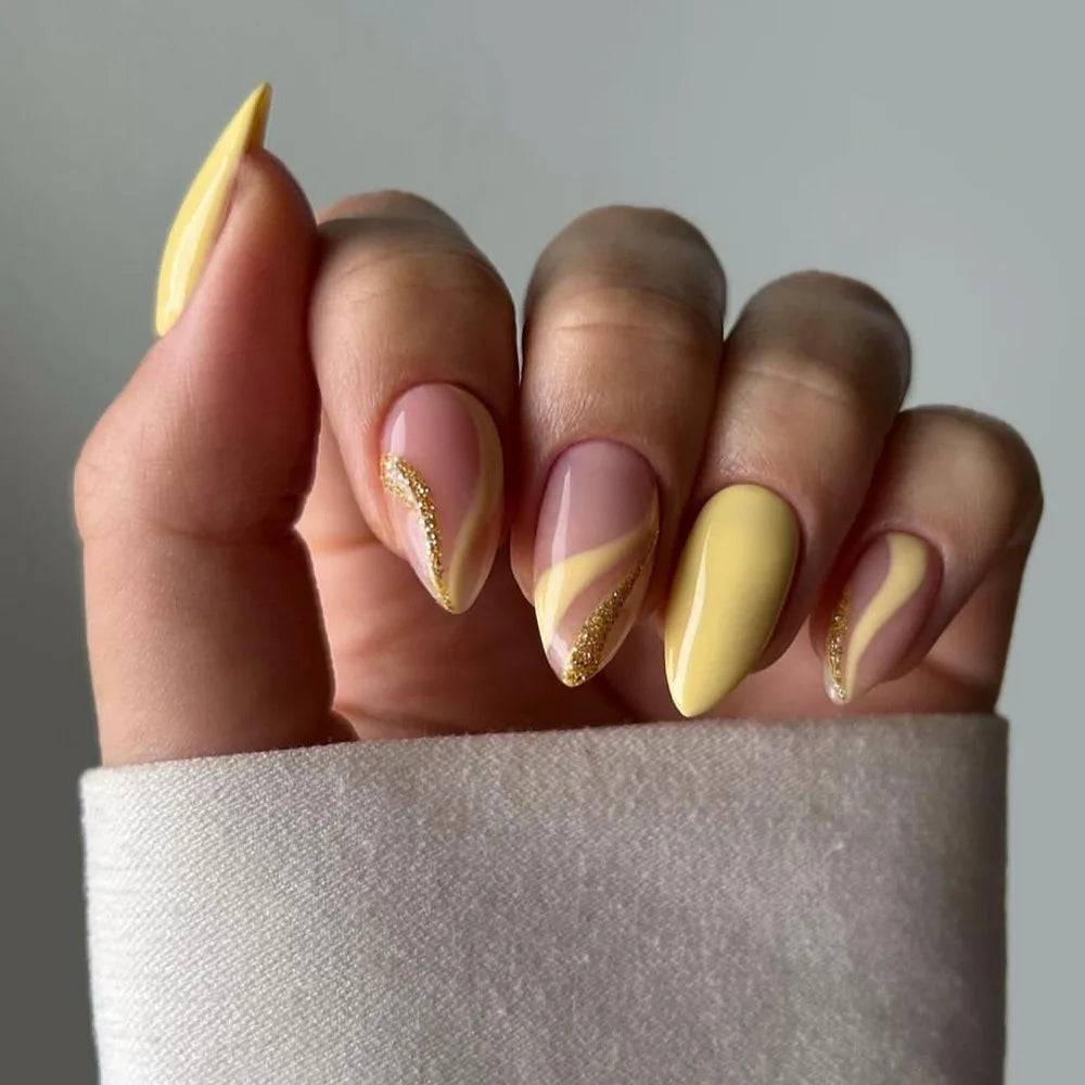 Rynx | Yellow Gold Glitter Striped French Nail Art Fashion Almond Art Nails Removable Pre-made Artificial Nails Press-on Nails with Glue