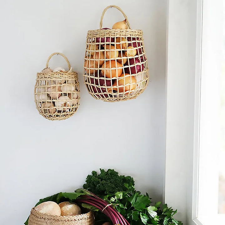 Rynx | Handcrafted Rattan Storage Basket Hanging Organizer with Handle Flower Fruit Vegetable Holder Support Home Kitchen Wall Decoration