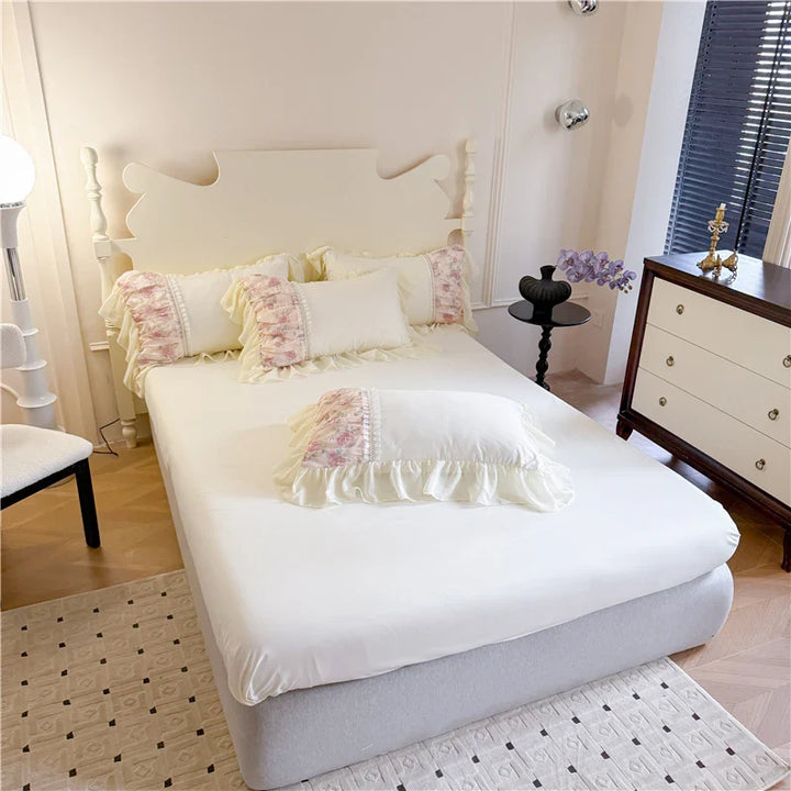 Rynx | Flower Lace Ruffle Princess Wedding Bedding Set Full Queen King Duvet Cover Bed Skirt/Bed Sheet/Fitted Sheet Pillowcases 4 Pieces