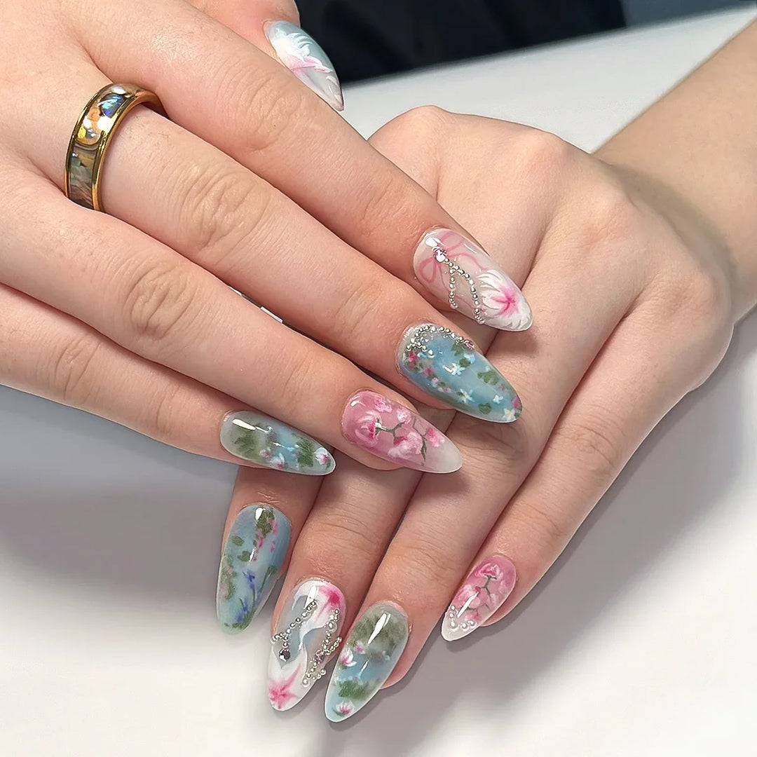 Rynx | Pink Rose Cherry Blossom Bow Hand-painted Pearl Rhinestone Artificial Nails Removable Ready-made Artificial Nails Press-on Nails with Glue