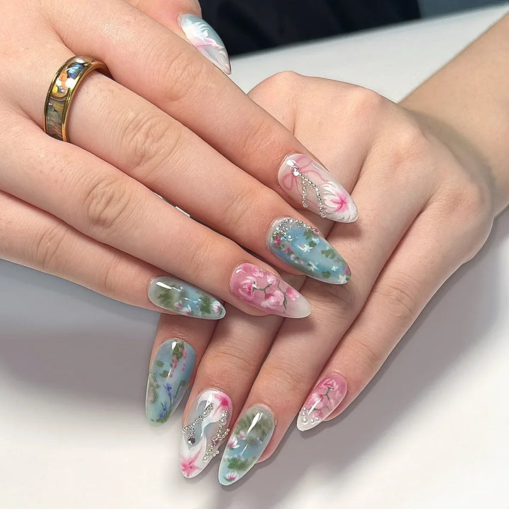Rynx | Pink Rose Cherry Blossom Bow Hand-painted Pearl Rhinestone Artificial Nails Removable Ready-made Artificial Nails Press-on Nails with Glue