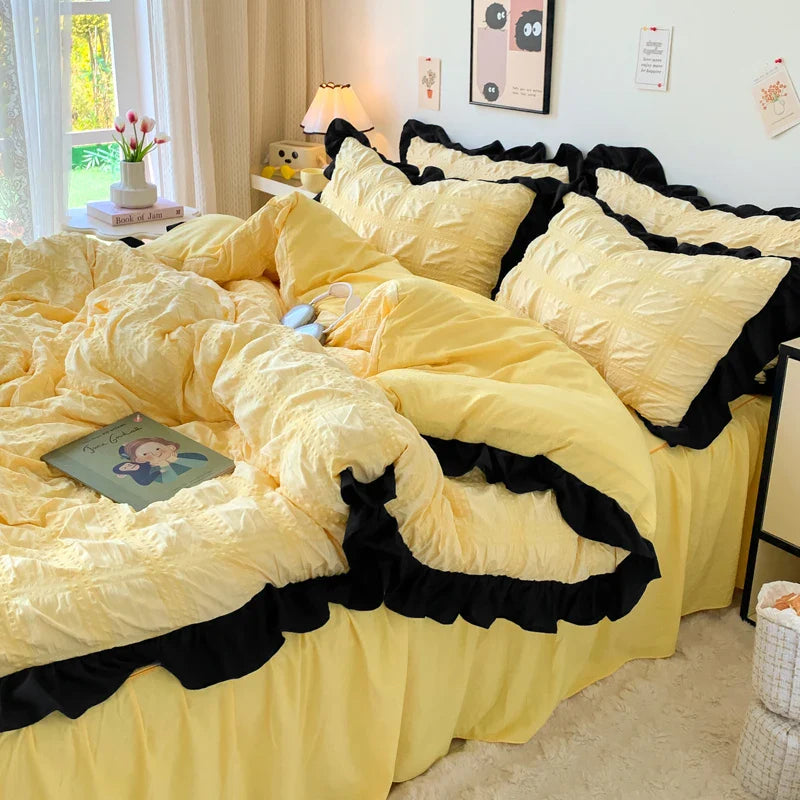 Rynx | Bubble Yarn Seersucker French Style Princess Lace Bedding Set Duvet Cover Set Bed Skirt Queen For Girls Decor Home