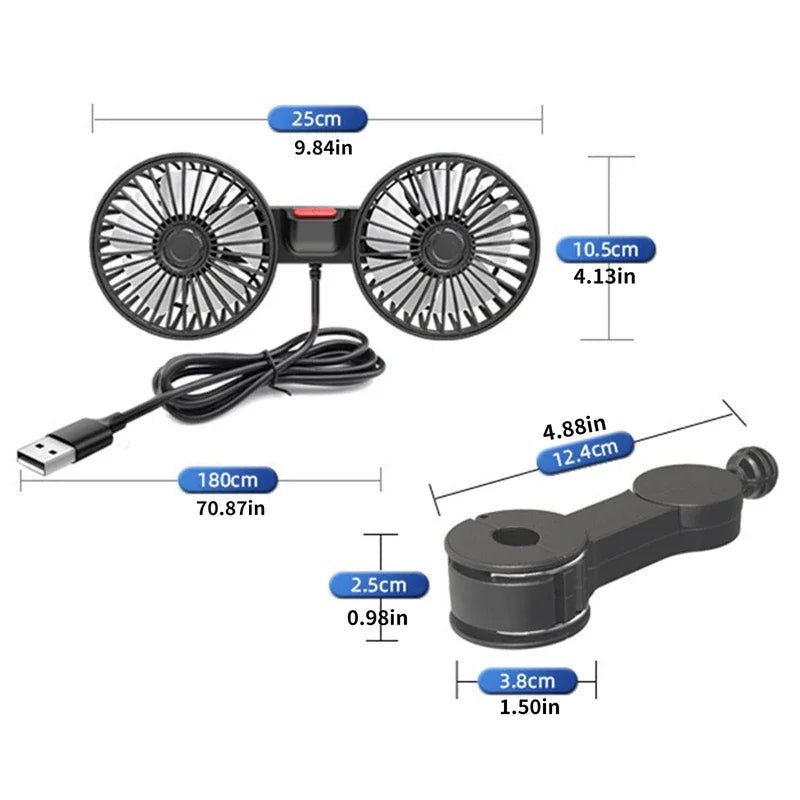 Lisslune | Portable USB Dual-Head Car Fan 360° Rotatable with 3 Speeds – CoolBreeze