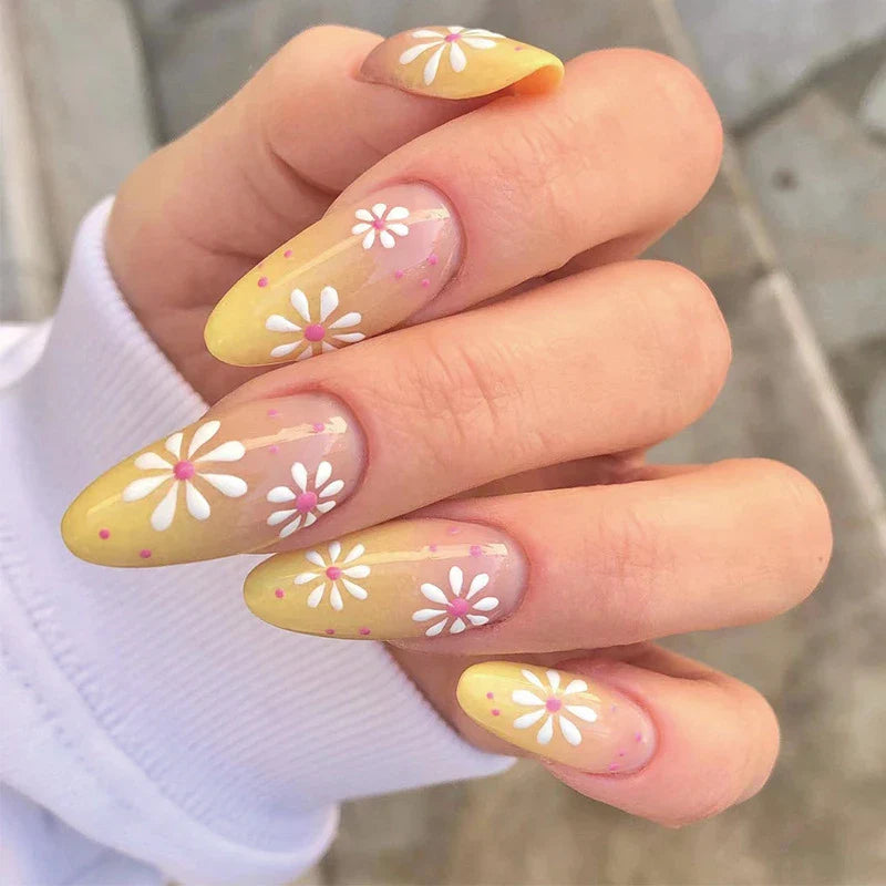 Rynx | Yellow Small Flower Pearl Cute Almond Shape False Nails Simple French Removable Ready Artificial Nails for Stick-On with Glue